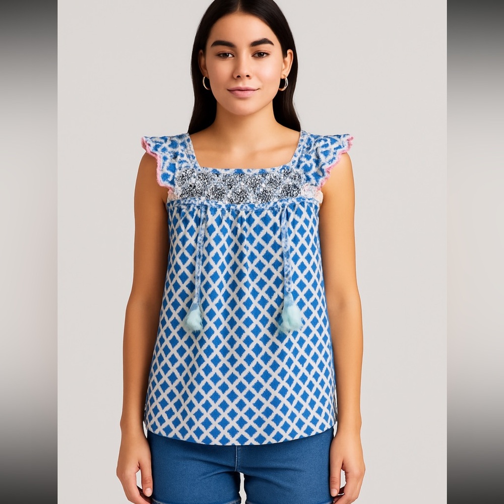 Matilda Jane Wandering Waters
Blue Woven Boho Tunic Top Womens EUC